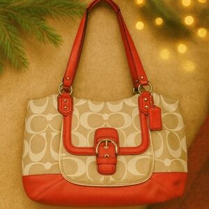 Coach Campbell Signature Belle Carryall Tote – Khaki & Pomegranate Pink Leather